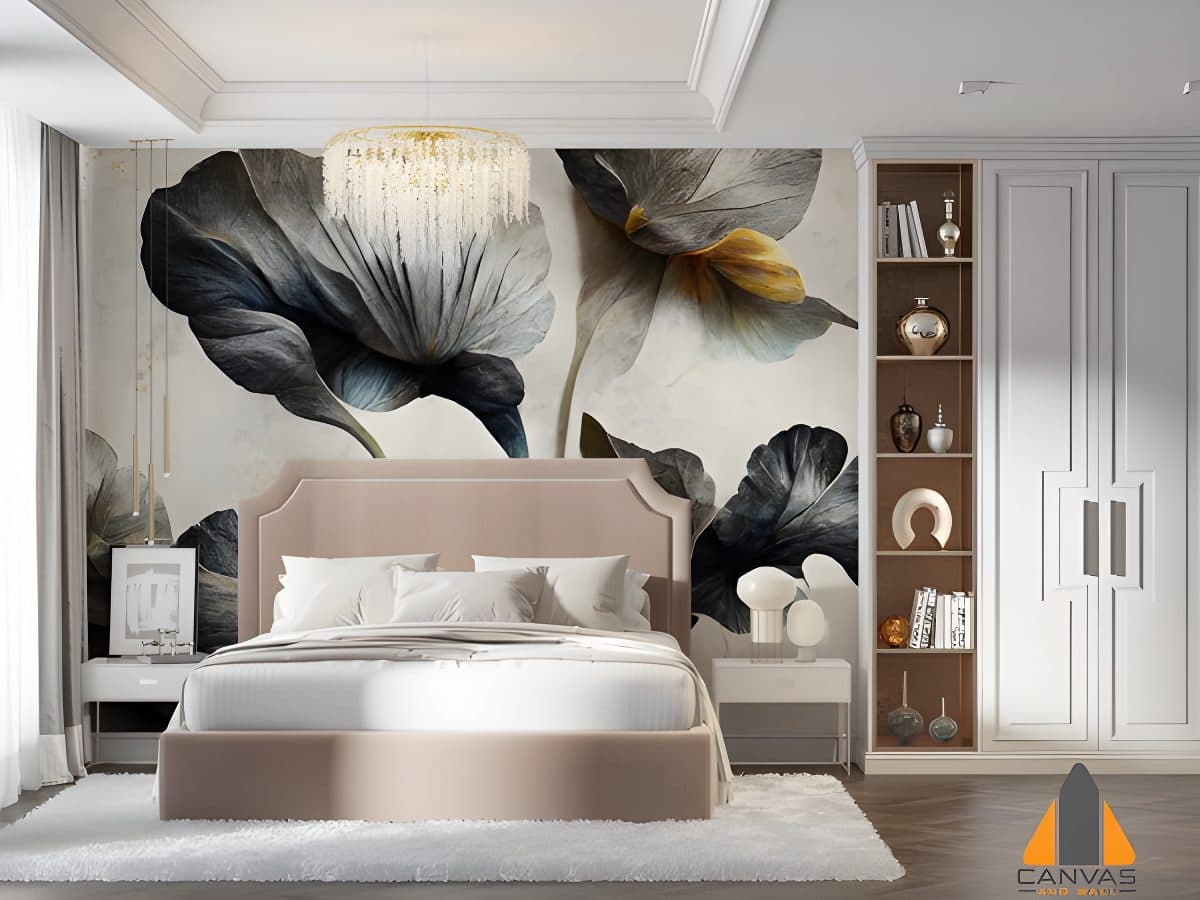 Bedroom with a large floral wall mural and elegant furnishings, showcasing wallpaper installations in Gauteng.