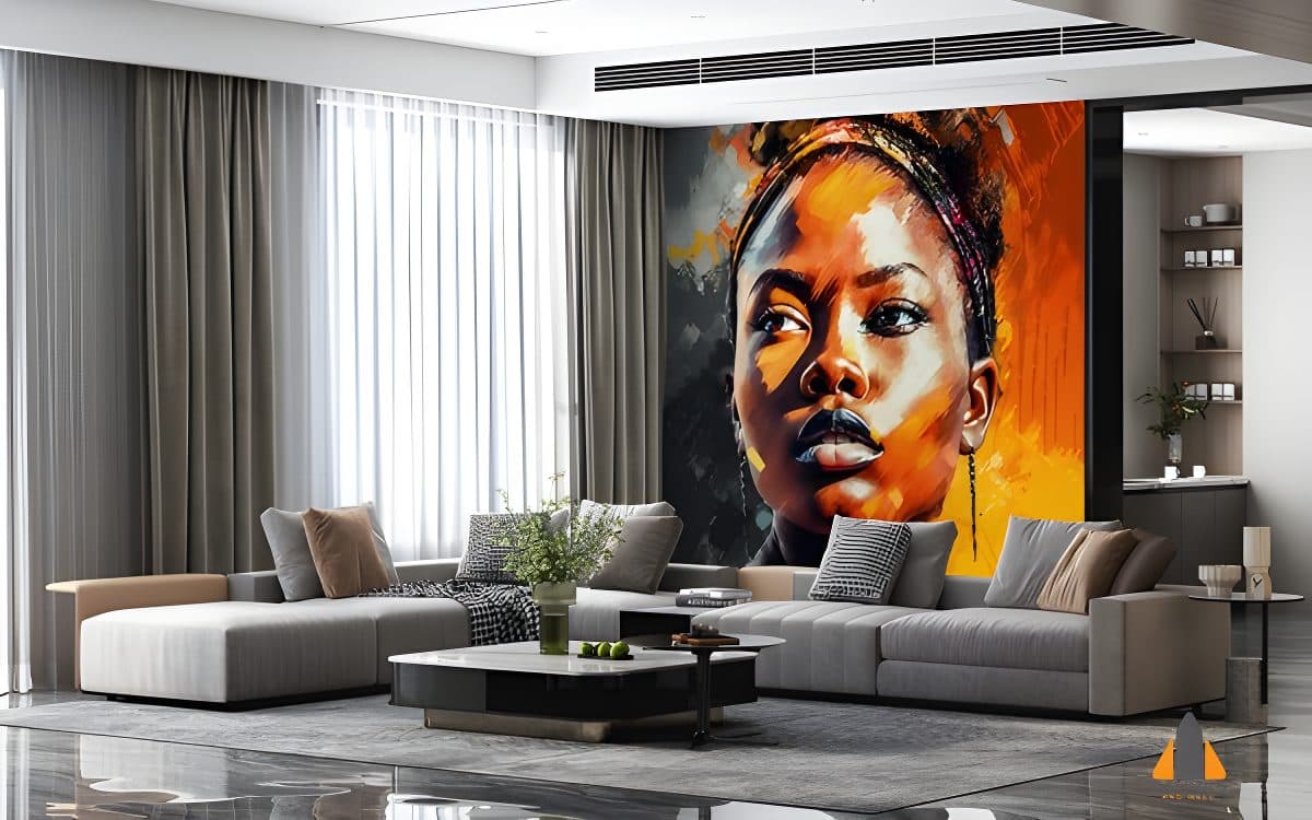 Abstract African woman portrait wall mural in a modern living room, perfect for wallpaper installations in Gauteng.