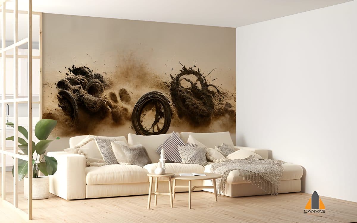 Dramatic sand explosion wall mural in a modern living room, perfect for wallpaper installations in Gauteng.