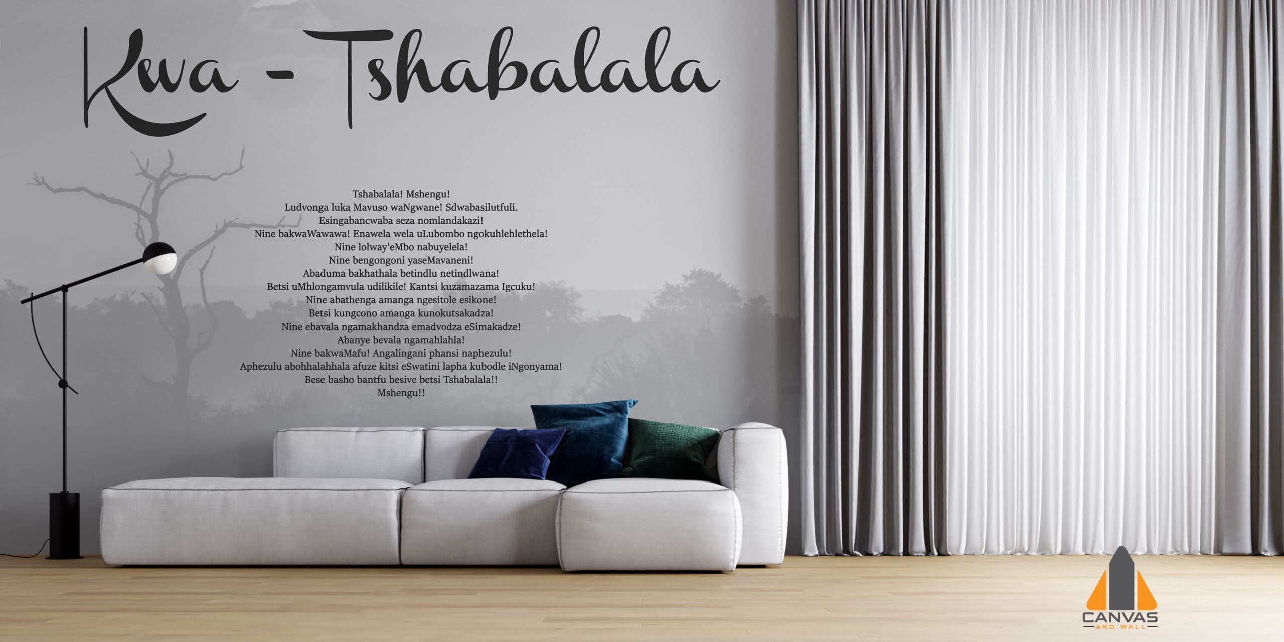 Tshabalala clan names wall mural in a modern living room setting with a couch.
