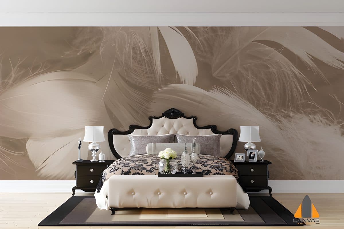 Brown and white feather wall mural behind a luxurious bed in an elegant bedroom.