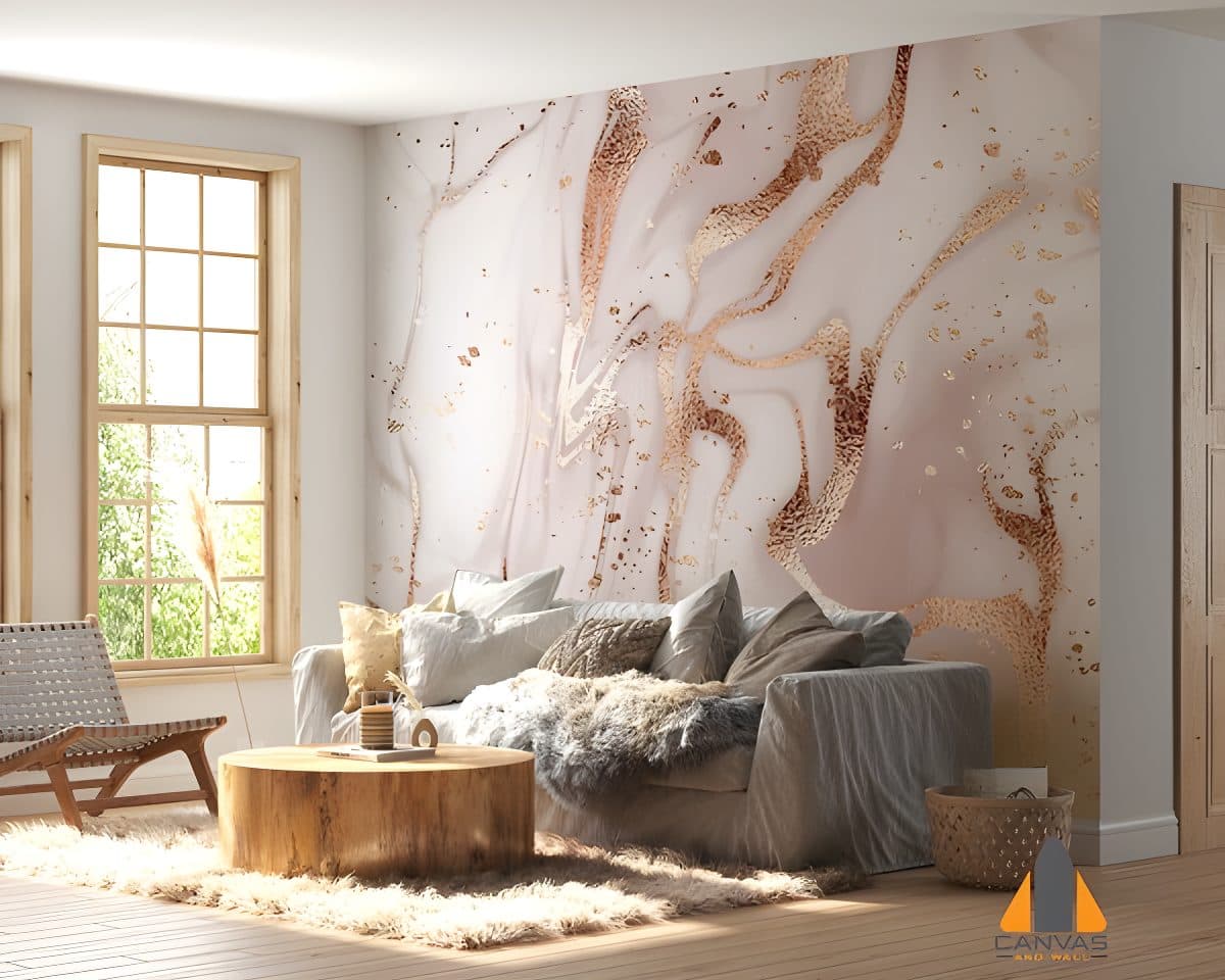 Pink and rose gold marble wall mural in a modern living room with large windows.
