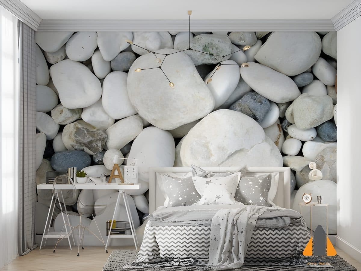 White and grey pebble wall mural in a modern bedroom, ideal for wallpaper installations in Gauteng.