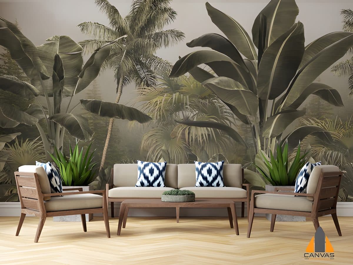 Tropical forest palm wall mural in a modern living room, perfect for wallpaper installations in Gauteng.