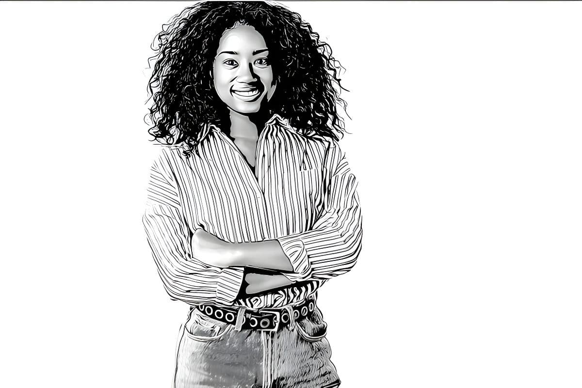 A woman with curly hair smiling, arms crossed, in a vector photo effect for custom wallpaper