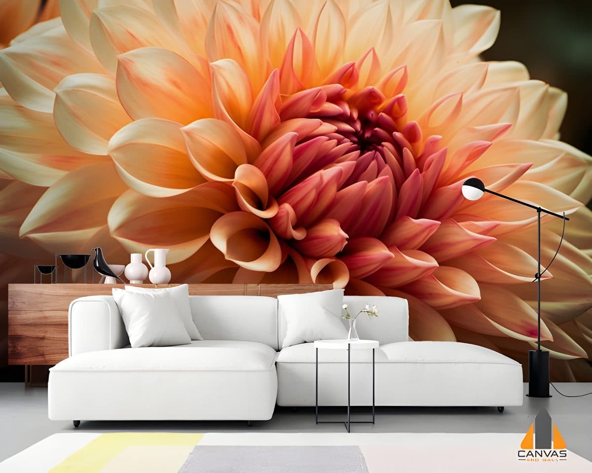 Massive dahlia and gerbera daisy wall mural in a modern living room setting.