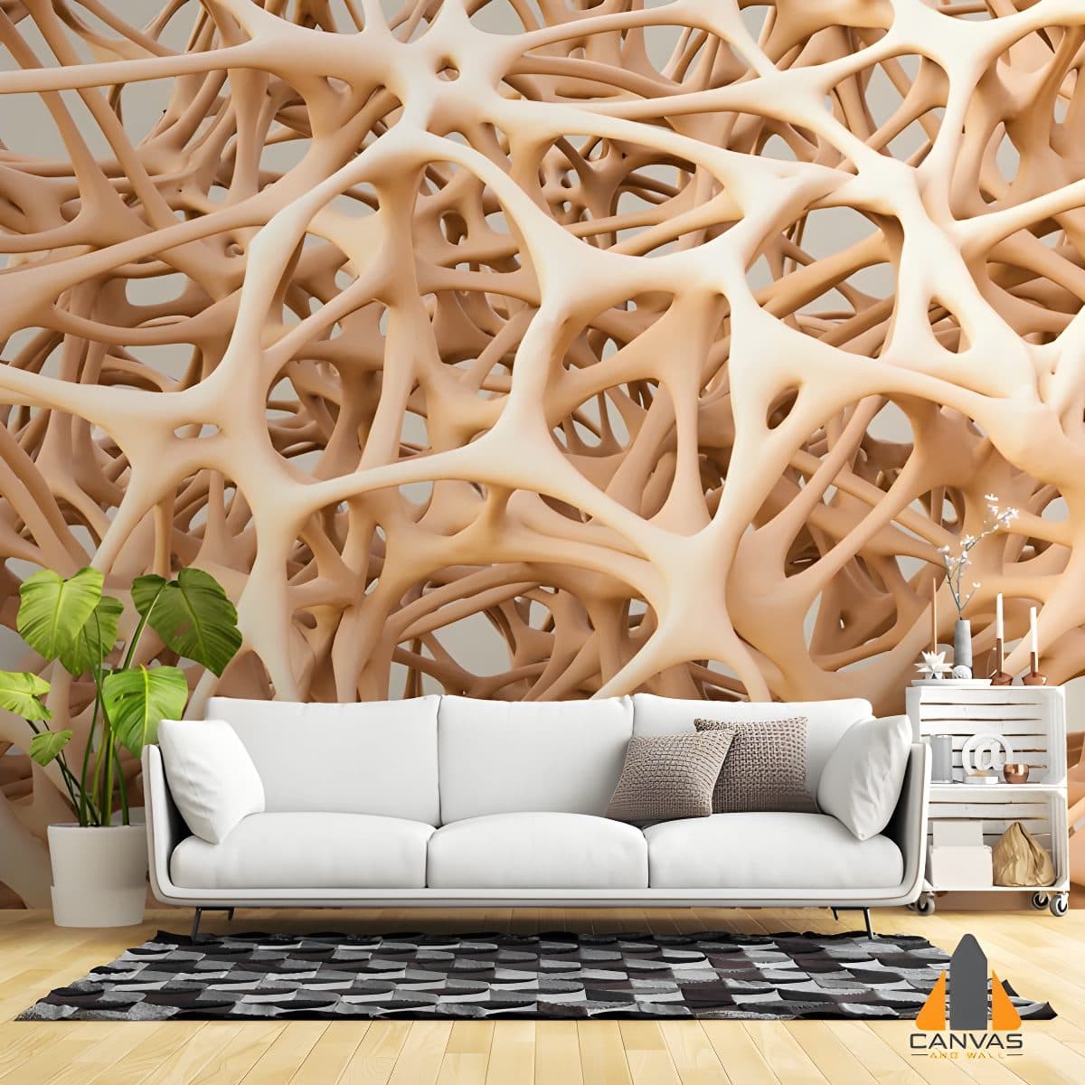 Abstract bone-like structure wall mural in a modern living room setup, perfect for wallpaper installations in Gauteng.