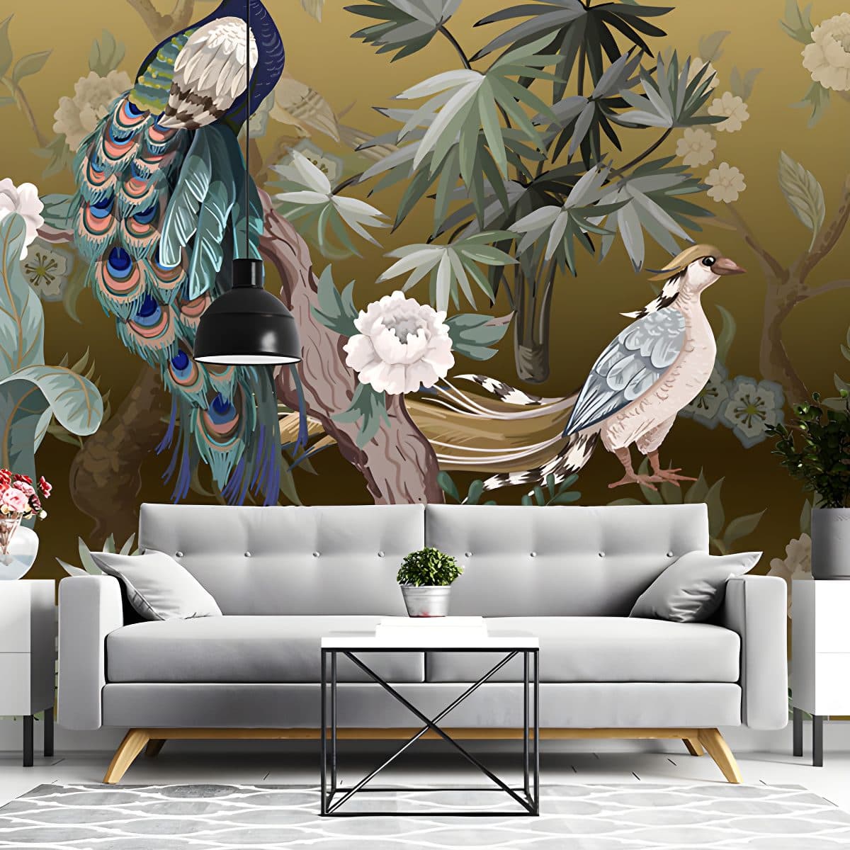 Chinoiserie Style with Herons, Peacock, birds and Peonies Wallpaper