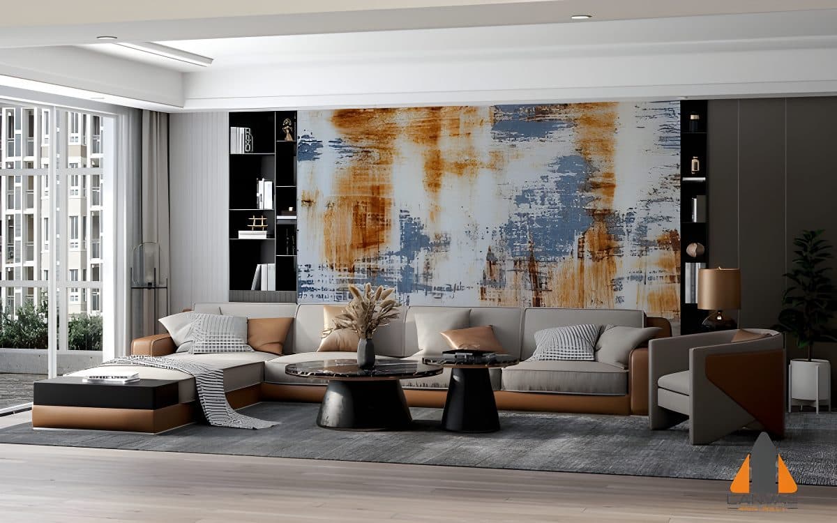 Rusty metal texture wall mural in a modern living room, perfect for wallpaper installations in Gauteng.