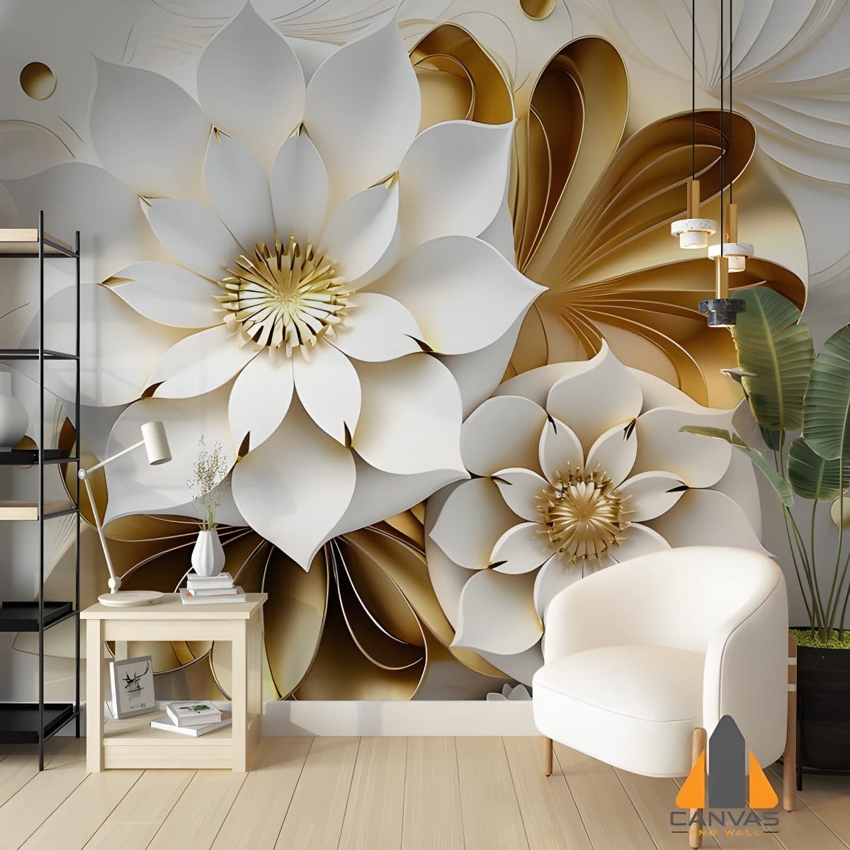 3D gold and white floral wall mural in a modern living room design.