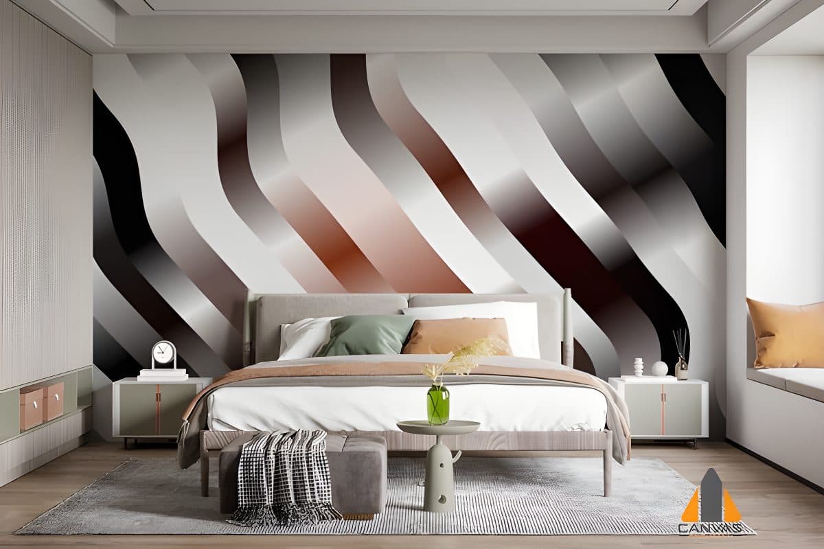 Wavy black, white, and brown wall mural in a modern bedroom, available for wallpaper installations Johannesburg.