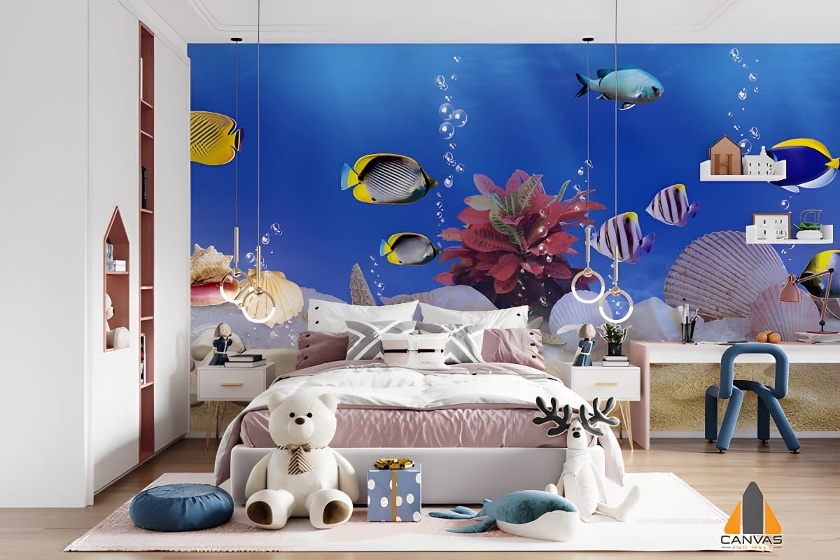 Underwater wall mural installation with colorful fish and coral surrounding a child's bed