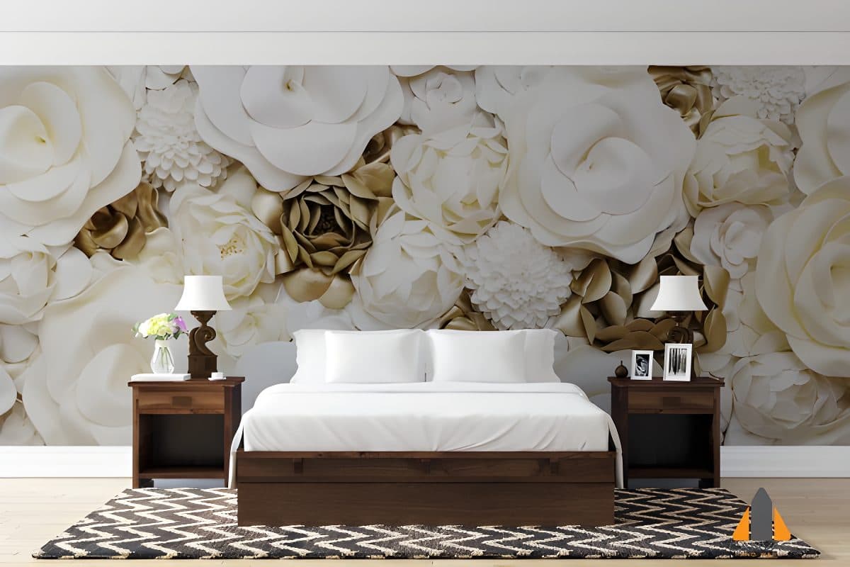 Gold and white floral wall mural in an elegant bedroom with a wooden bed and bedside tables.