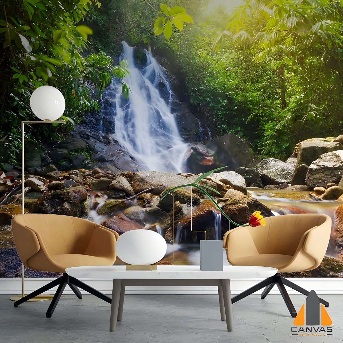 Lush jungle waterfall wall mural in a modern living room setting, perfect for wallpaper installations in Gauteng.