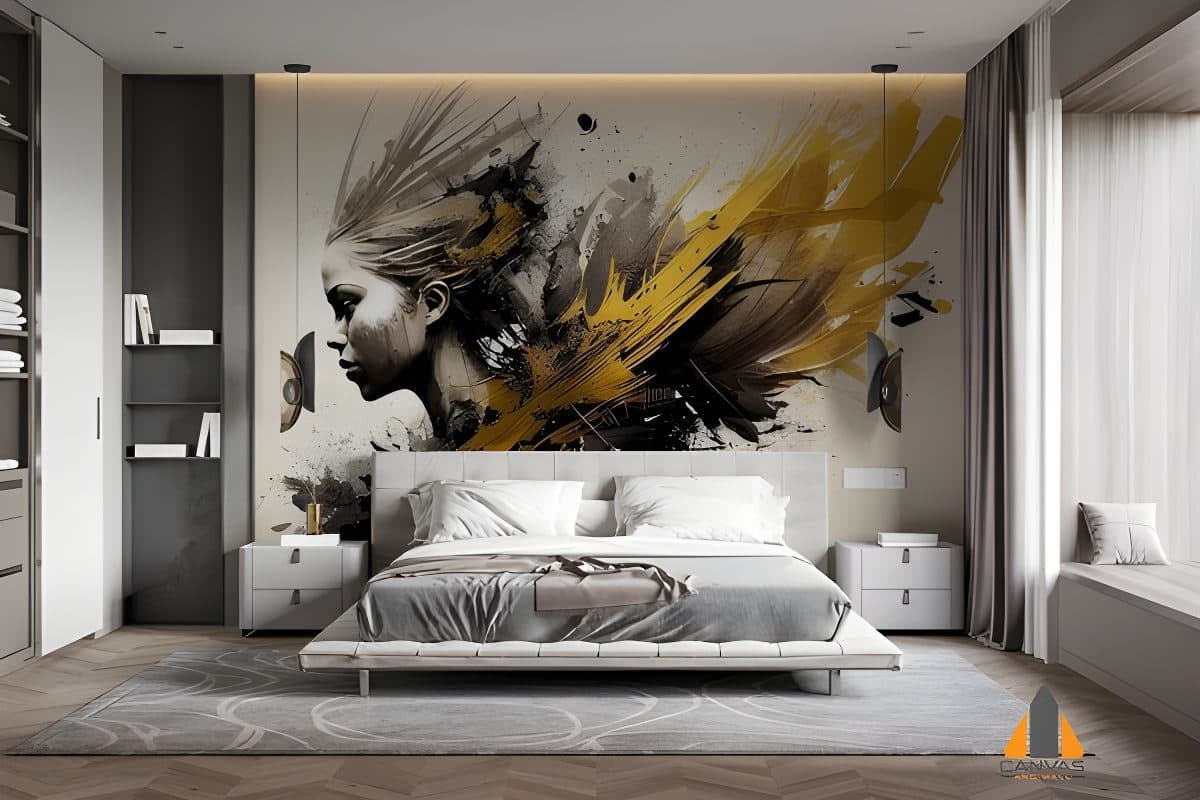 Dramatic abstract girl portrait wall mural in a modern bedroom, showcasing unique custom wallpaper.