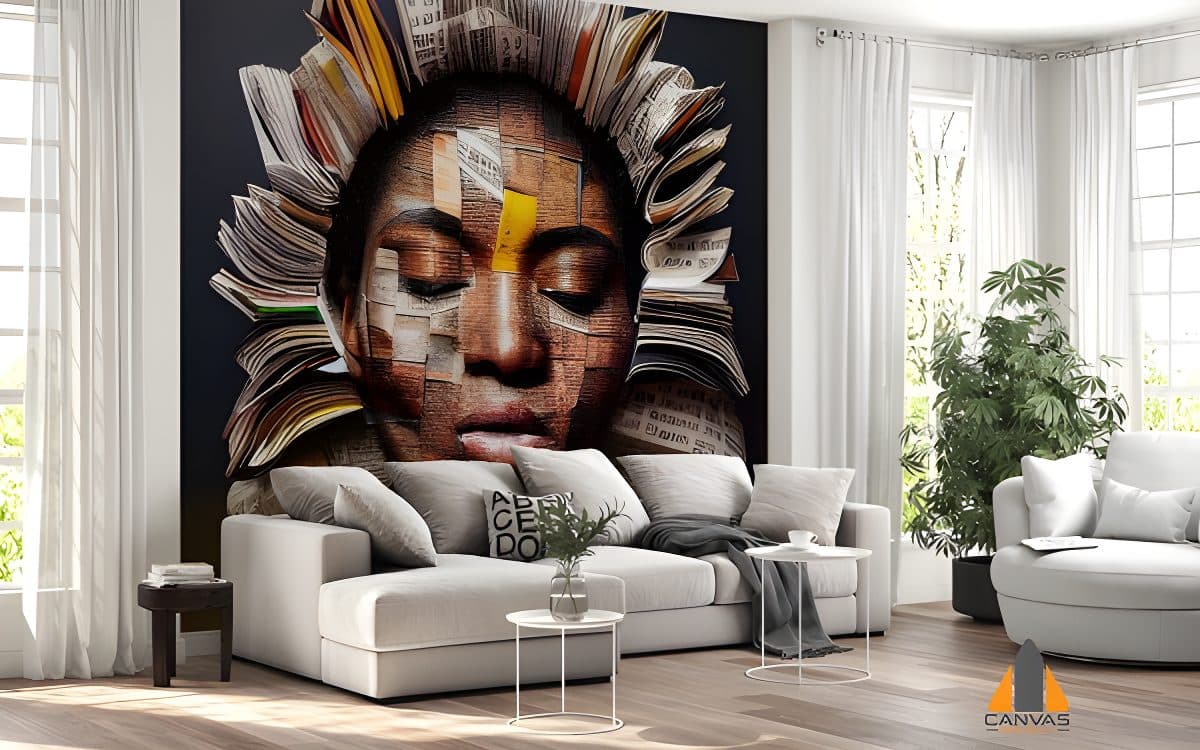 African American woman portrait wall mural in a modern living room ideal for wallpaper installations in Gauteng.