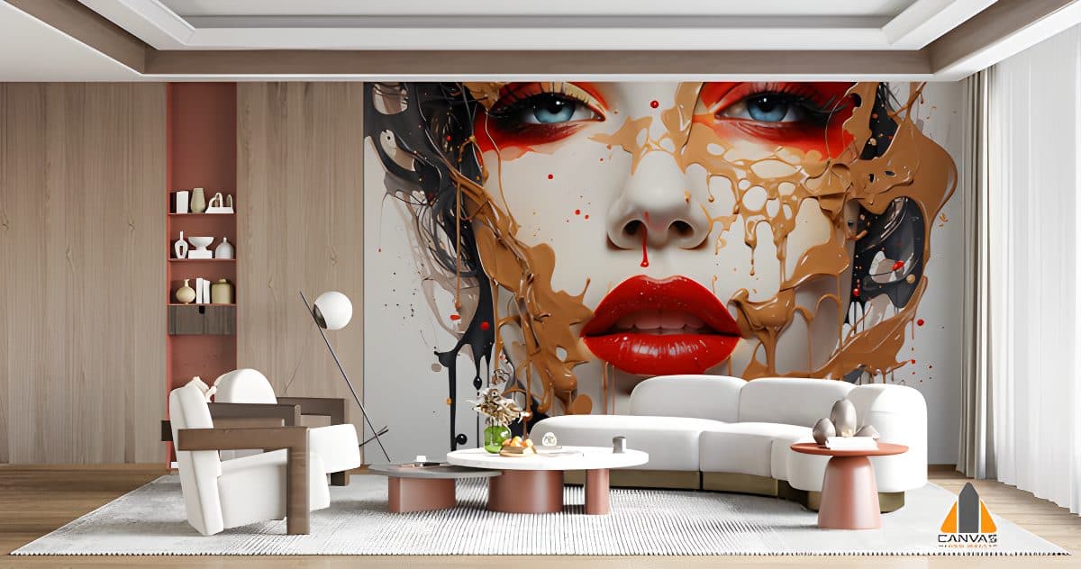 Dramatic red lips and blue eyes wall mural in a modern living room, expertly installed by a top wallpaper company.