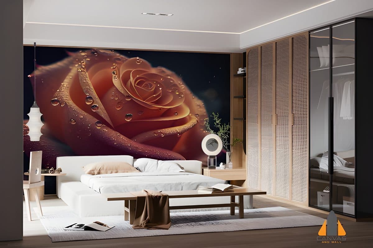 Wet Rose Petal wall mural in a modern bedroom, perfect for wallpaper installations in Gauteng.