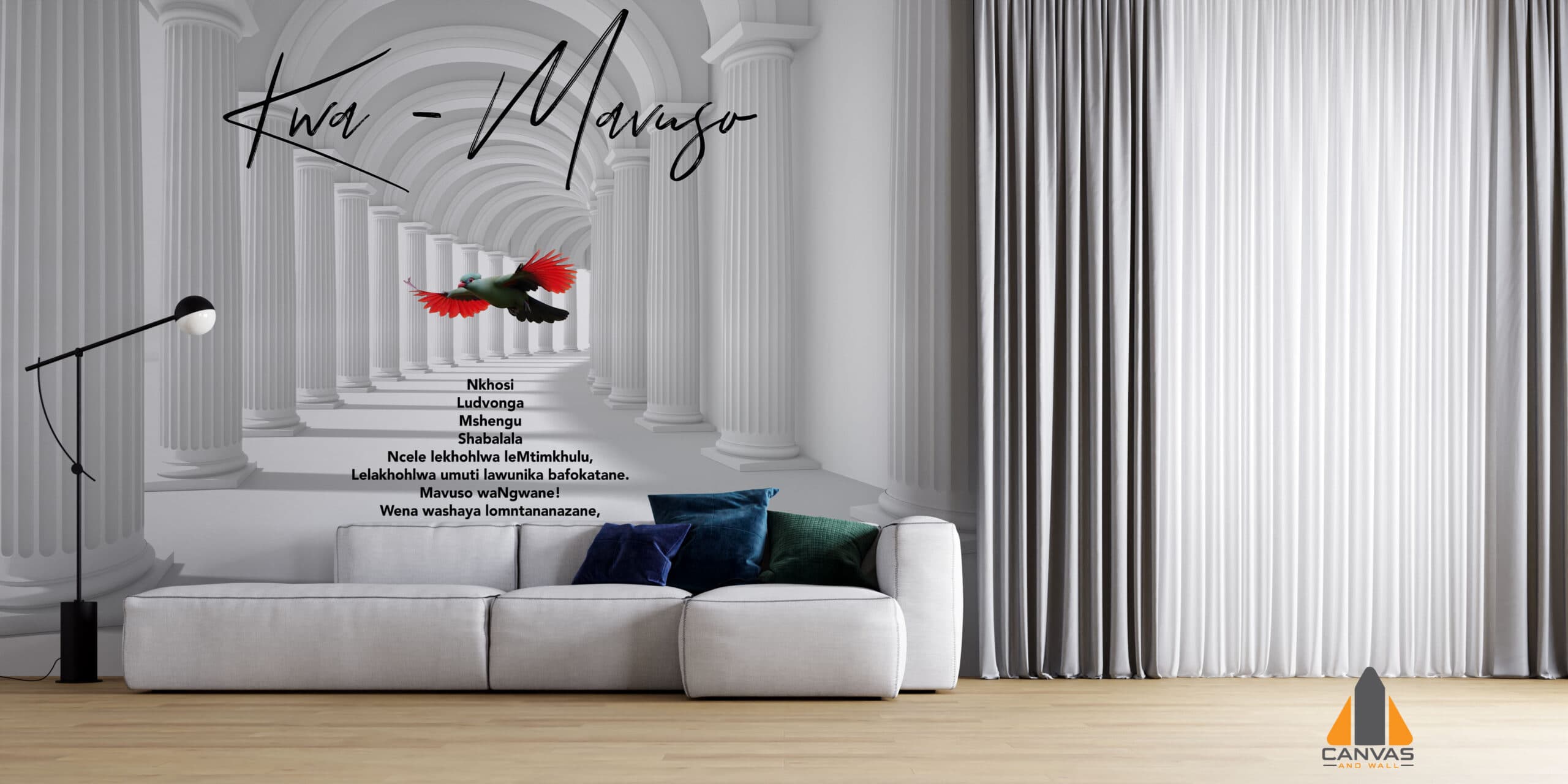 Mkoko clan names wall mural with a bird, in a modern living room with a sofa. Perfect for wallpaper installations Gauteng.