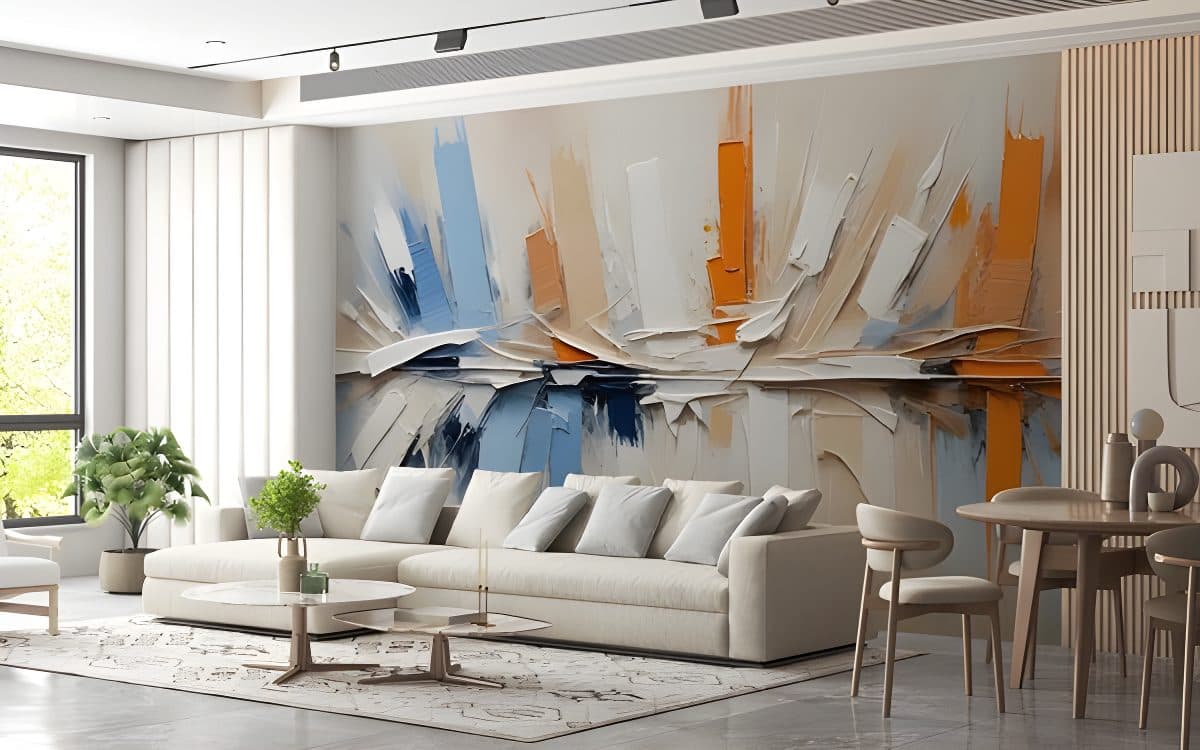 Vibrant abstract oil painting wall mural in an elegant living room, perfect for wallpaper installations in Gauteng.