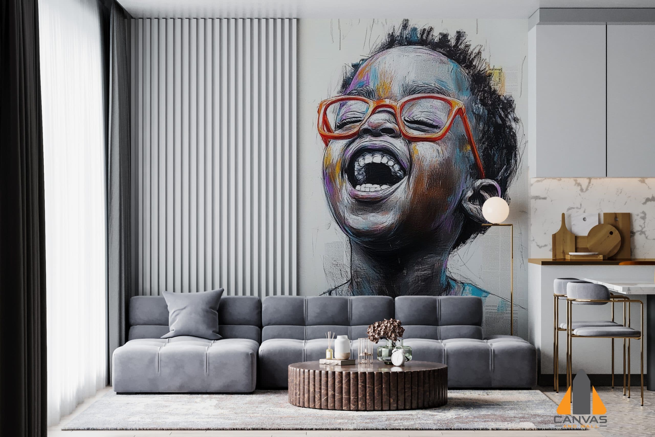 Happy boy in glasses charcoal art wall mural in a modern living room, perfect for wallpaper installations Johannesburg