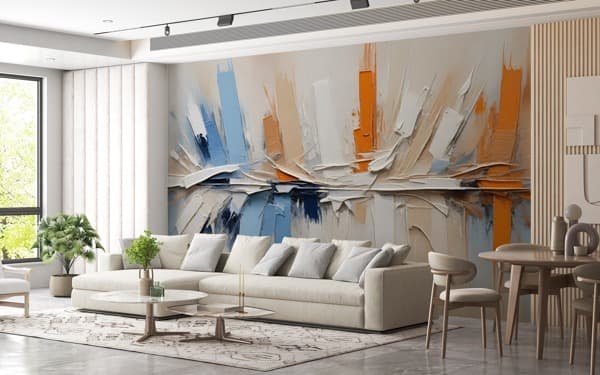 Vibrant abstract oil painting wall mural in an elegant living room, perfect for wallpaper installations in Gauteng.