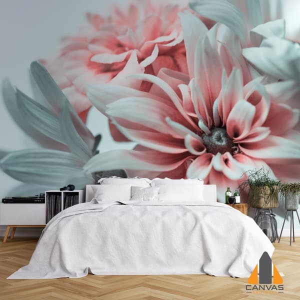 Pink flower wall mural in a modern bedroom, perfect for wallpaper installations in Gauteng.