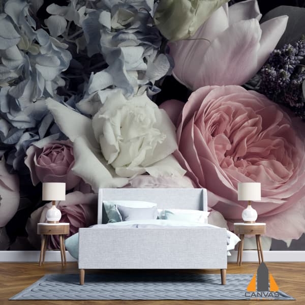 Pink Mixed Peony Bouquet wall mural in a bedroom setting, with wallpaper installations in Gauteng