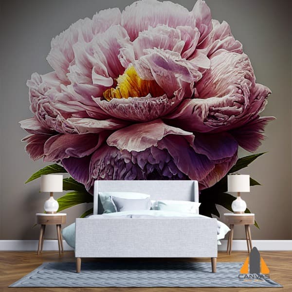 Pink peony wall mural with grey bed, perfect for wallpaper installations in Gauteng