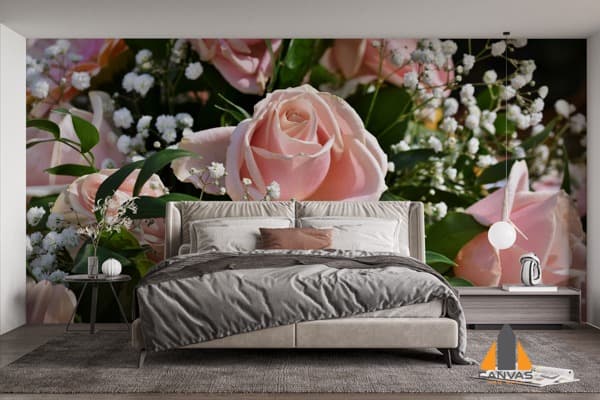 Pink roses and baby's breath wall mural in a modern bedroom, perfect for wallpaper installations Johannesburg.