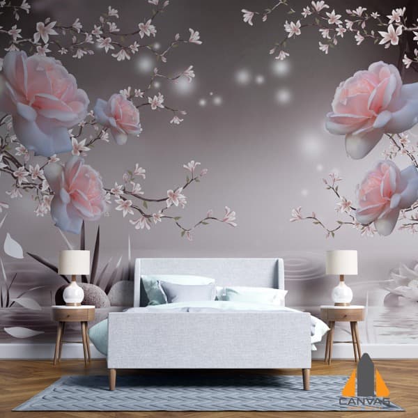 Pink roses and cherry blossoms wall mural in a modern bedroom, showcasing wallpaper installations in Gauteng.