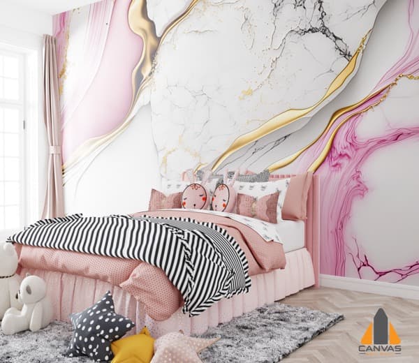 Pink and gold marble wall mural in a child's bedroom, beautiful custom wallpaper installation.