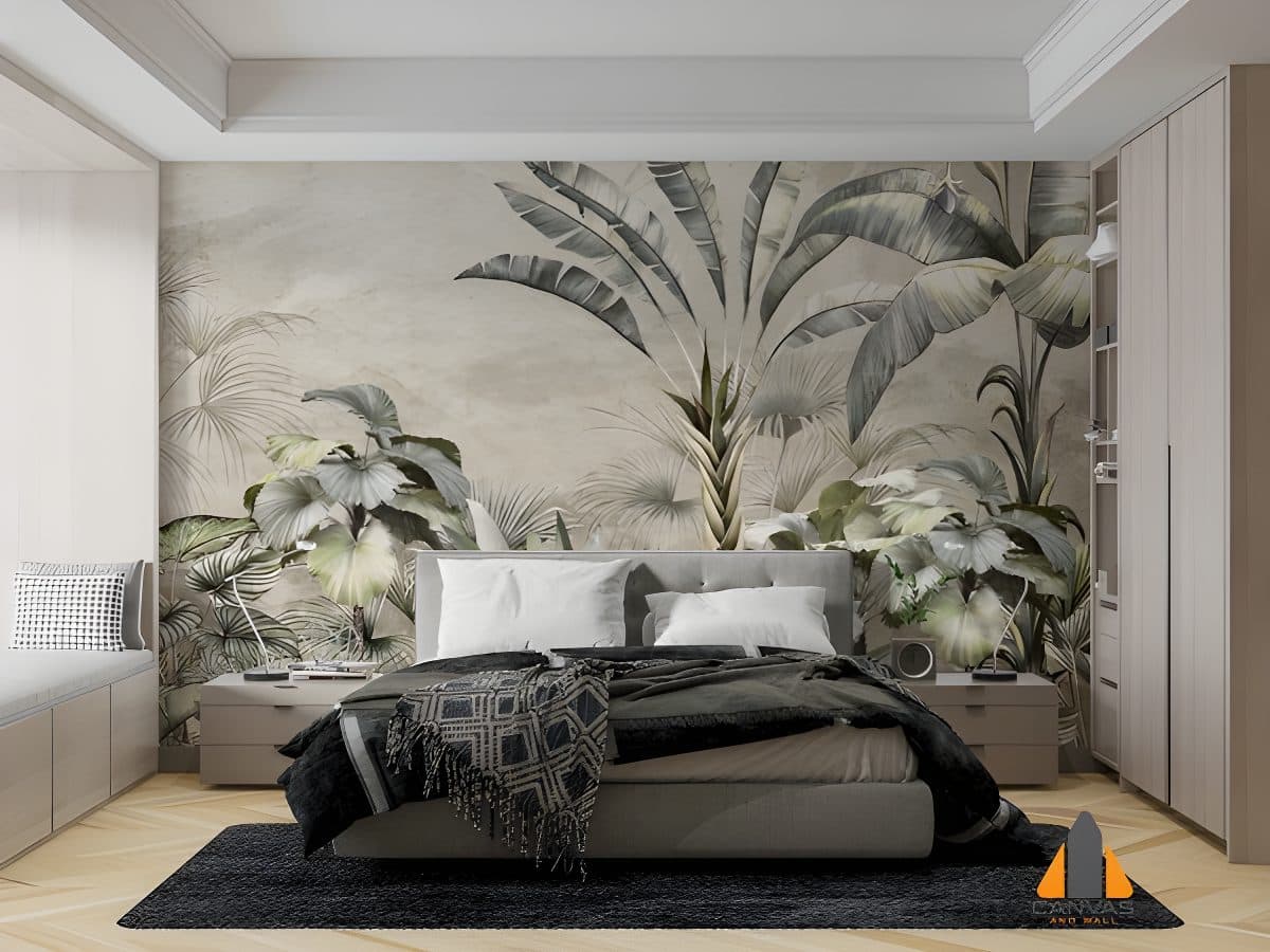 Bedroom featuring a tropical foliage wall mural behind the bed for a sophisticated look.