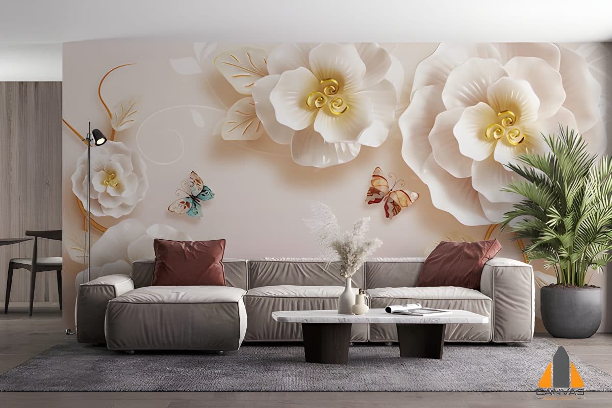 Modern living room with a 3D floral and butterfly wall mural, perfect for wallpaper installations in Gauteng.