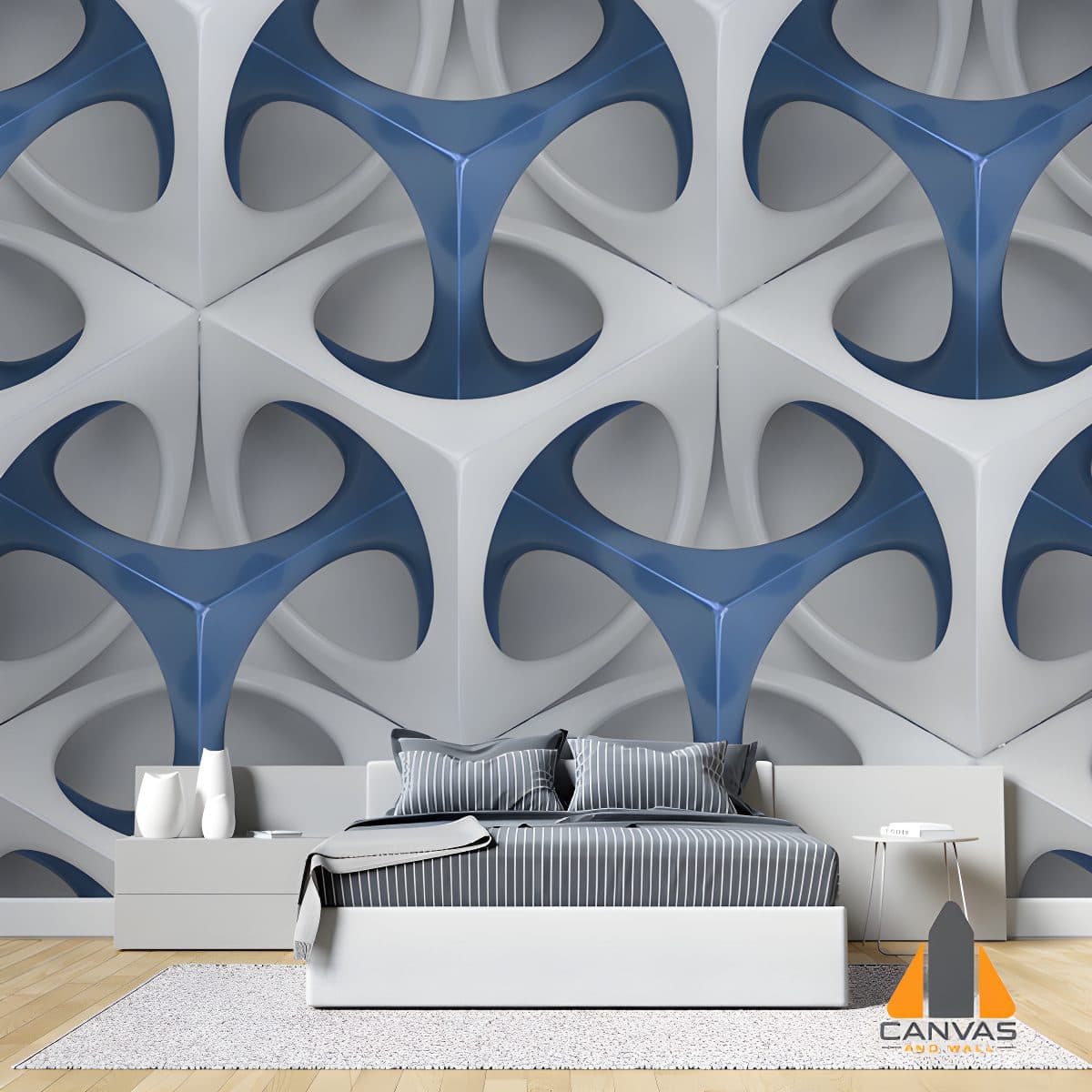 3D Grid white and blue shapes on white stucco background