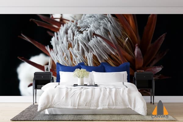 Protea flower wall mural in a modern bedroom, available for wallpaper installations in Gauteng.