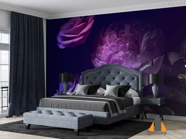 Dramatic purple floral wall mural transforms a modern bedroom with a luxurious, dark accent wall.