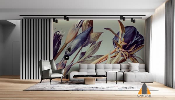 Purple and brown buds wall mural in a modern living room, perfect for wallpaper installations in Gauteng.