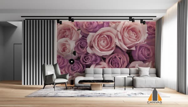 Vibrant purple roses wall mural in a modern living room, expertly installed in Johannesburg.