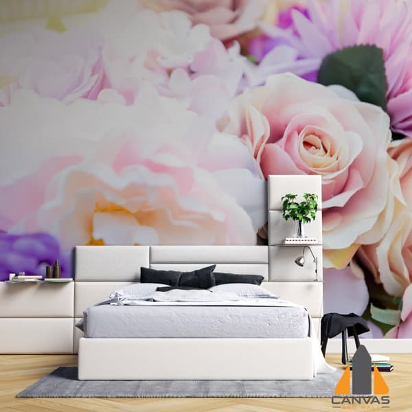 Large purple, white, and pinkish roses custom wallpaper in a modern bedroom with a white headboard.