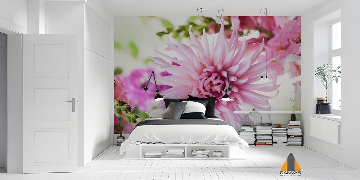 Pink dahlia floral wall mural in a modern bedroom, perfect for wallpaper installations in Johannesburg.