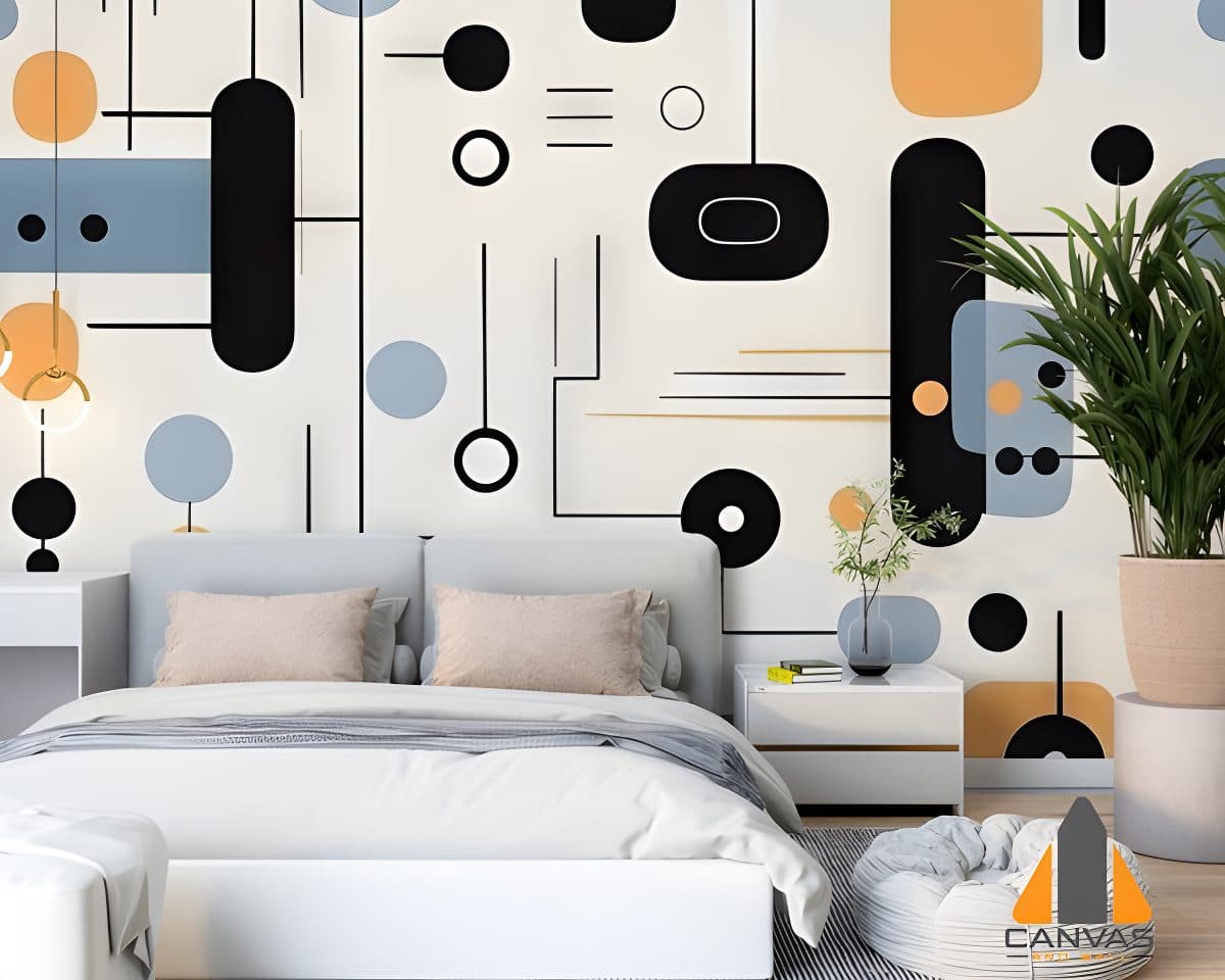 Geometric pattern wall mural in a modern bedroom, ideal for custom wallpaper installations.