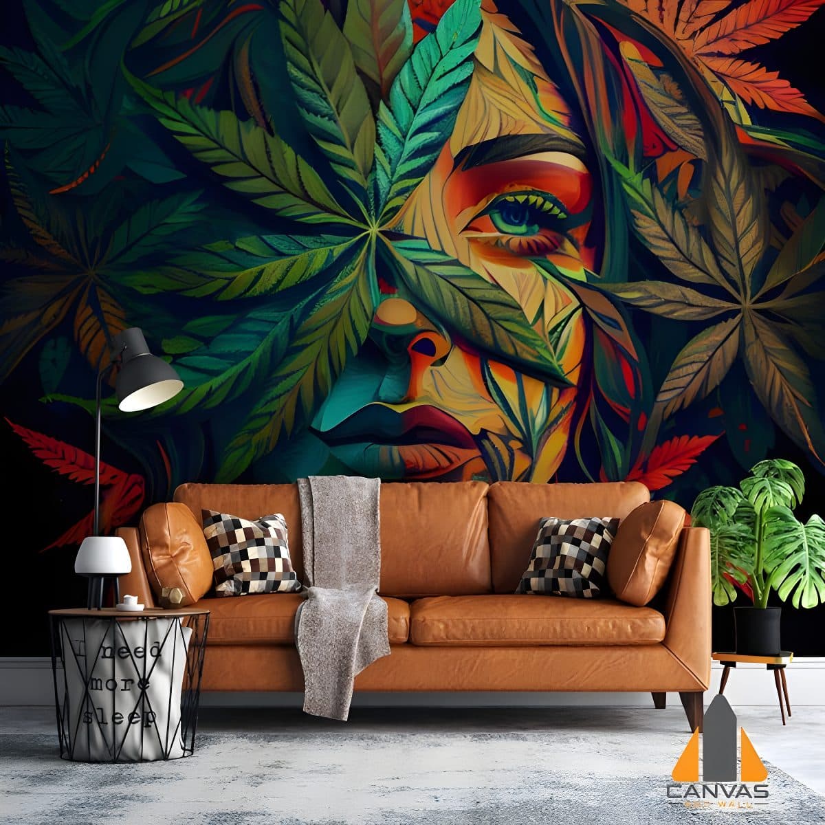 Vibrant woman's face with marijuana leaves as a wall mural in a modern living room setting.