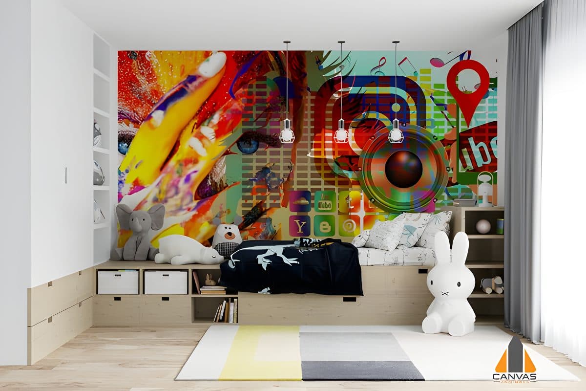 Vibrant social media-themed custom wallpaper in a modern child's bedroom.