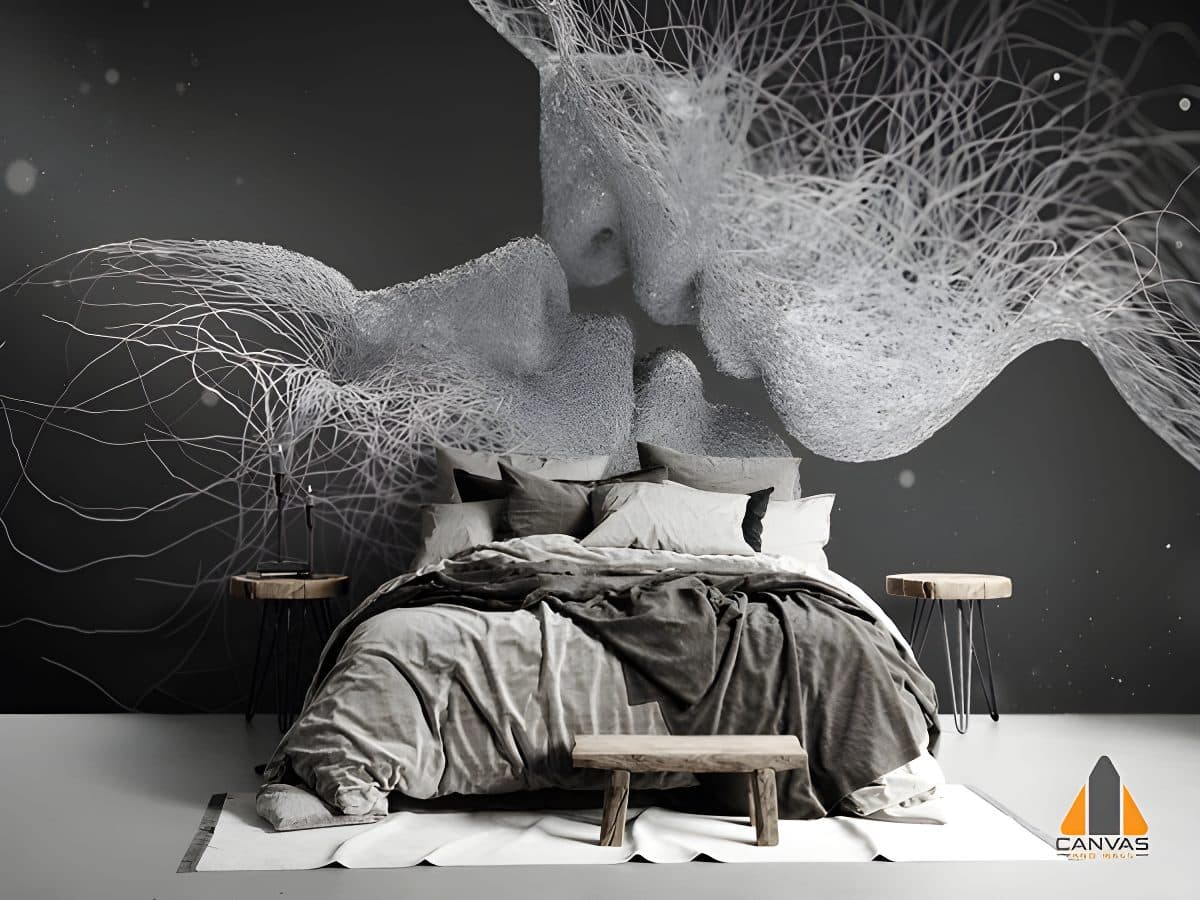 Entwined faces wall mural behind a bed in a modern bedroom, with wallpaper installations in Gauteng.