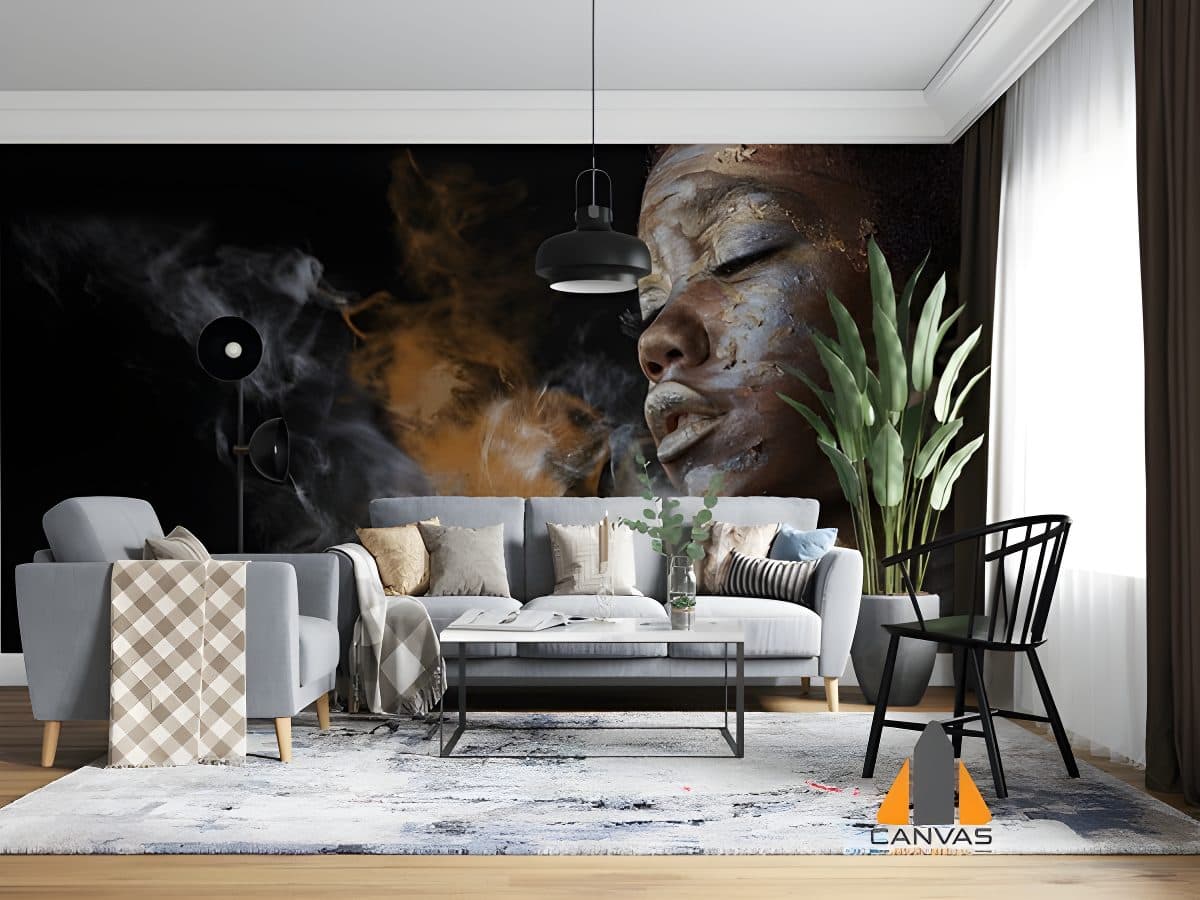 African American woman with silver and gold body art wall mural in a modern living room setting.