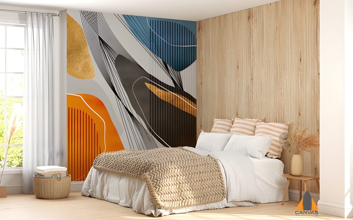 Modern abstract wall mural in a bedroom with wood paneling, showcasing our quality wallpaper installations in Gauteng.