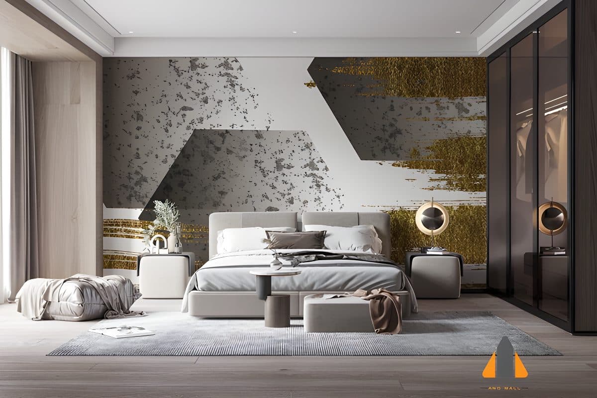 Gold and grey geometric wallpaper mural behind a bed in a modern bedroom, ideal for wallpaper installations in Gauteng.