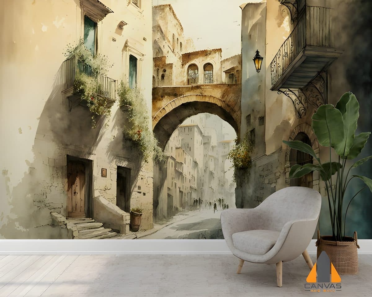 Vintage watercolor street scene wall mural in a modern living room featuring wallpaper installation in Gauteng.