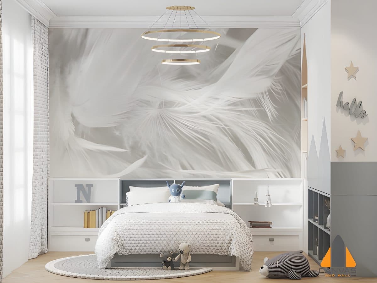White feather wall mural in a child's bedroom with modern decor.